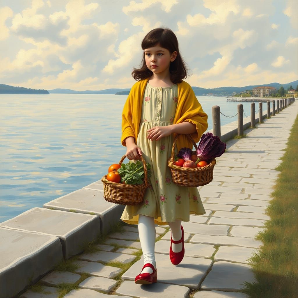Girl with Baskets on Italian Waterfront Path