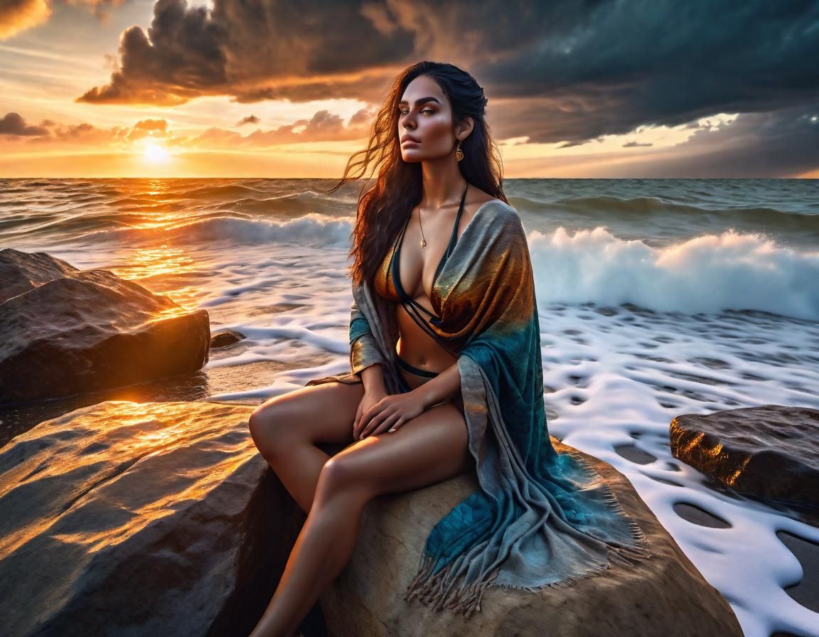 Woman on Rock Beach Watching Sunset in Renaissance Style