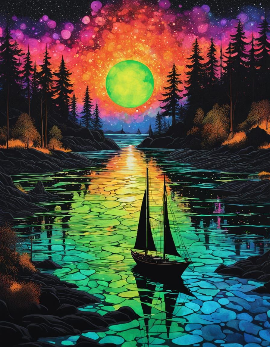 Silhouette by River in Surreal Alcohol Ink Style