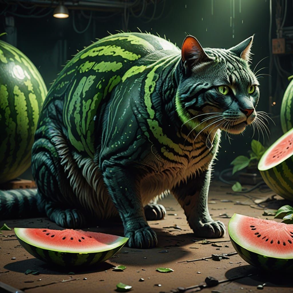 Hyperrealistic Feline-Watermelon Hybrid in Vibrant Surrealis...