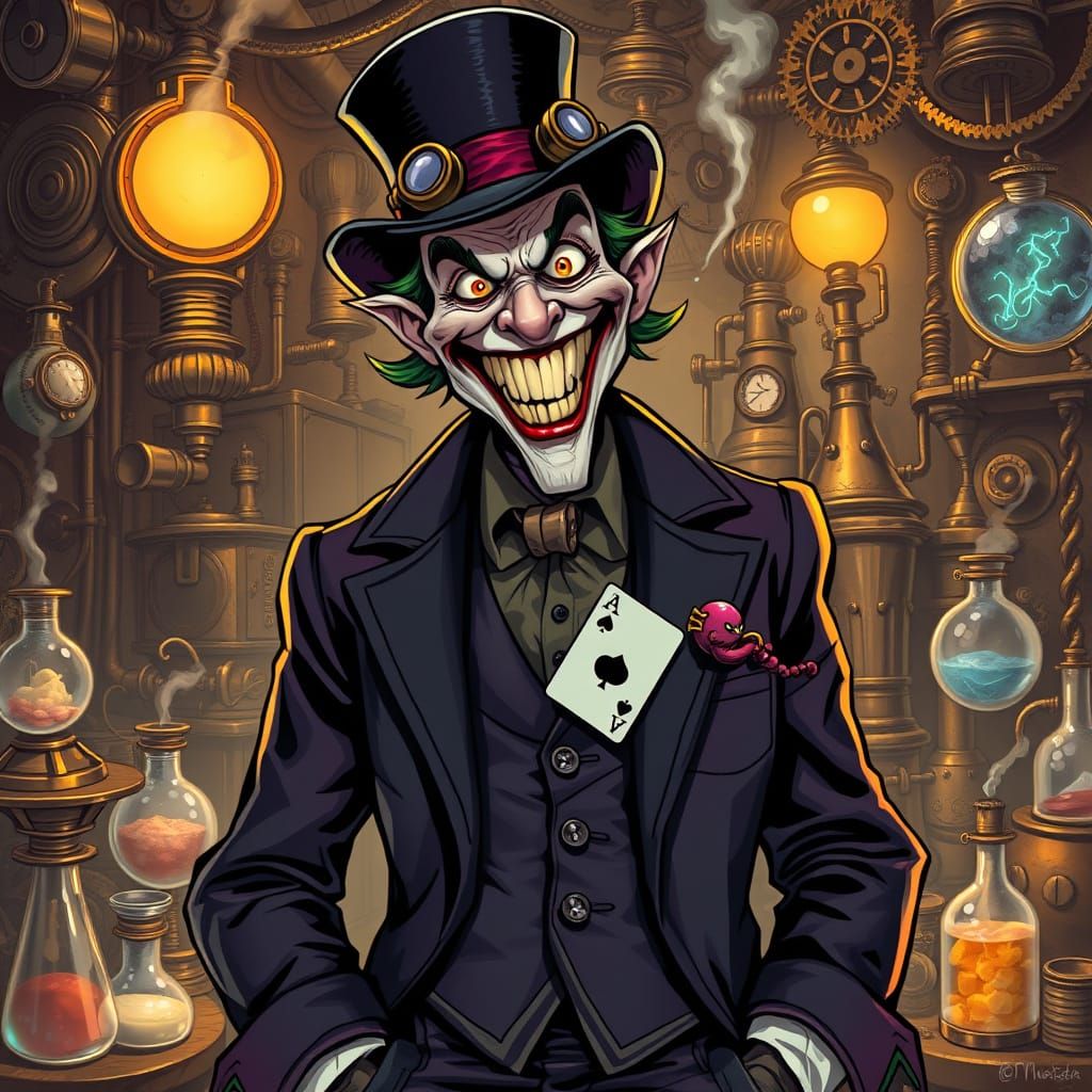 Steampunk Joker Inventor in Chaotic Workshop