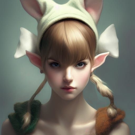 Elf Portrait with Bunny Beret, Detailed Concept Art