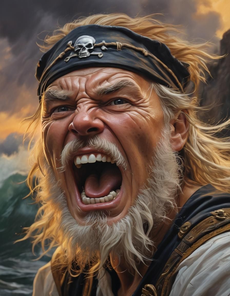Fierce Pirate Screaming at Stormy Sky as Oil Painting