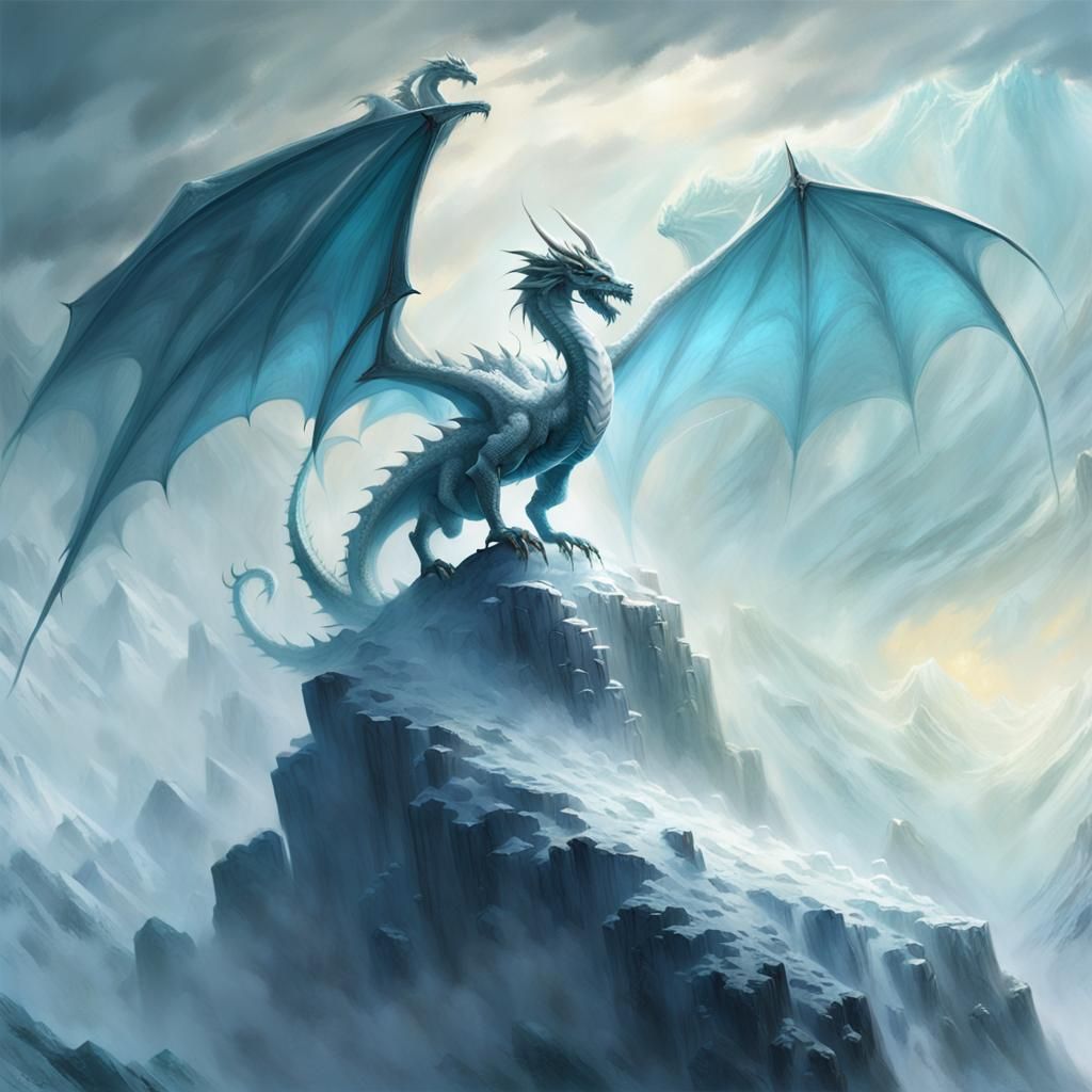 Majestic White Dragon on Misty Peak: Fantasy Art