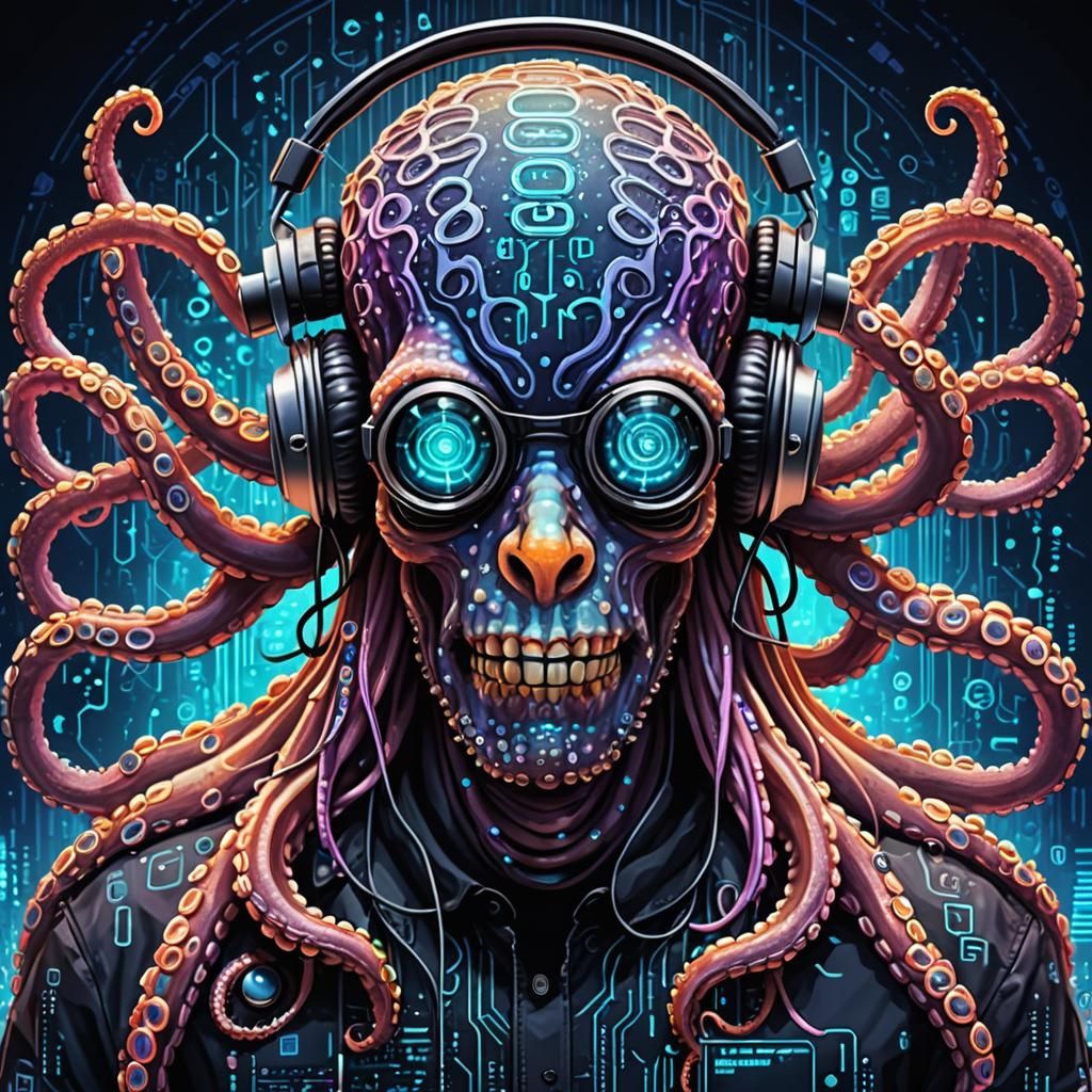Psychedelic Octopus Hacker in Binary Code Dream