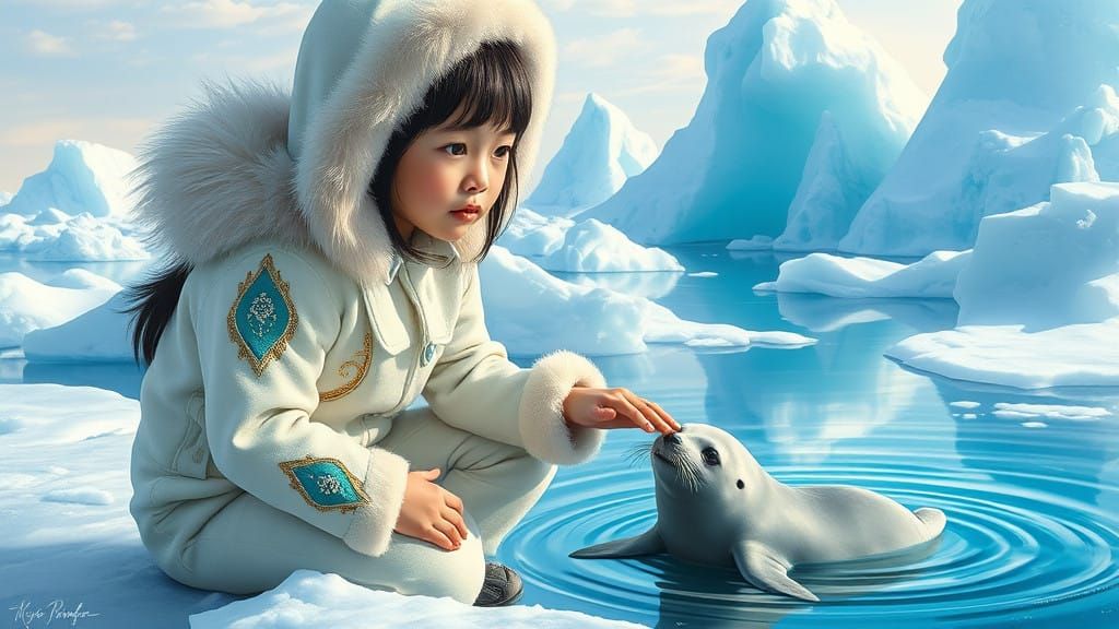 Inuit Girl and Arctic Seal in Soft, Ethereal Light