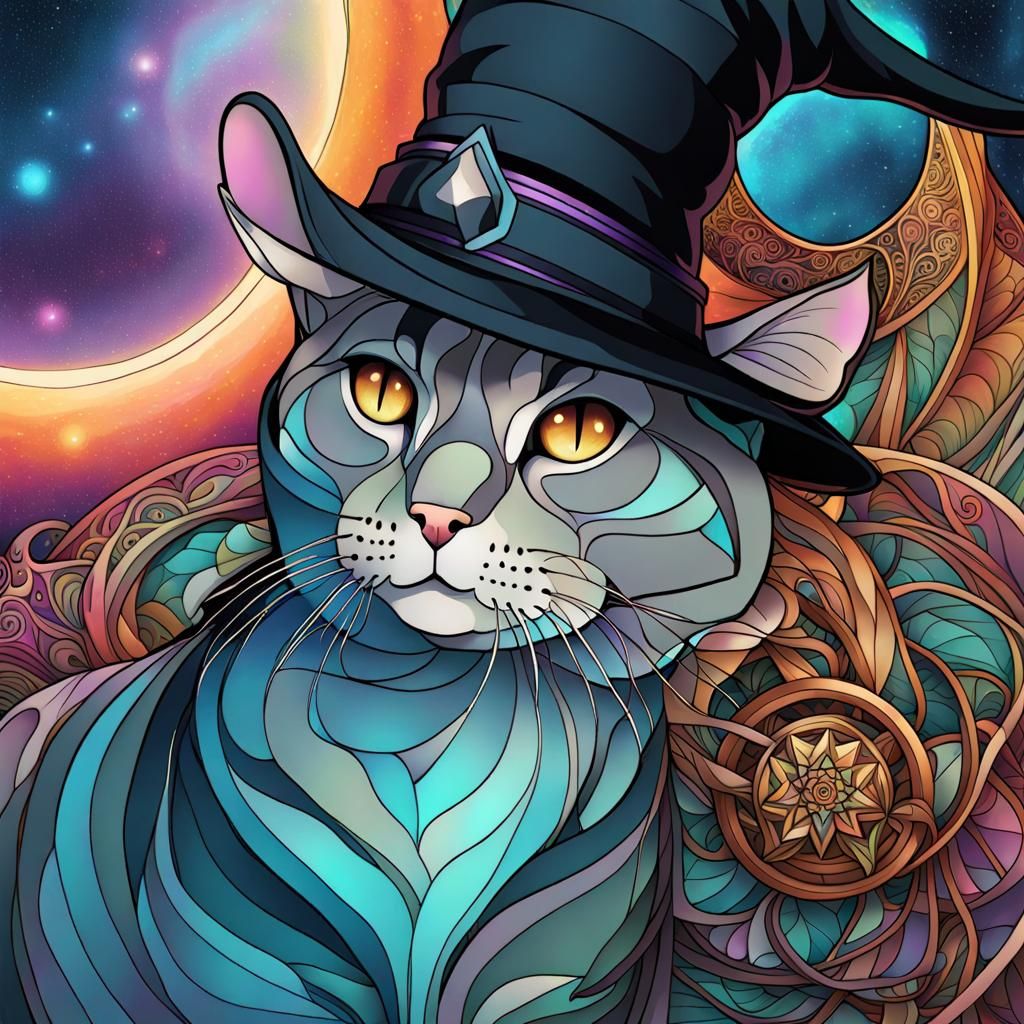 Whimsical Cat in Witch Hat: Polychromatic Visionary Art