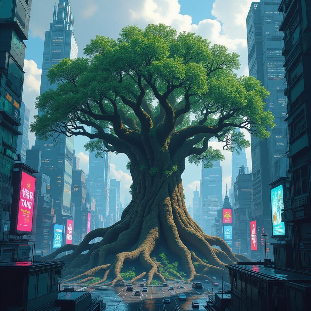 Futuristic Cityscape: Ancient Tree in Cyberpunk Style