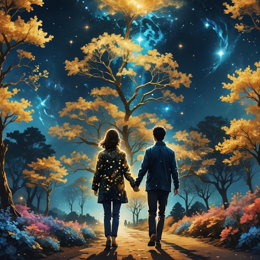 Lovers Stroll Under Nebula Sky in Digital Illustration