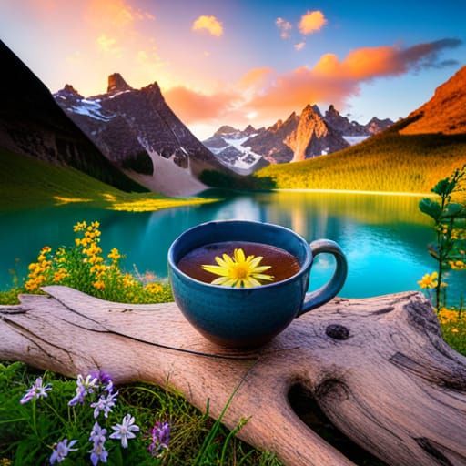 Coffee with Columbines Overlooking Turquoise Alpine Lake