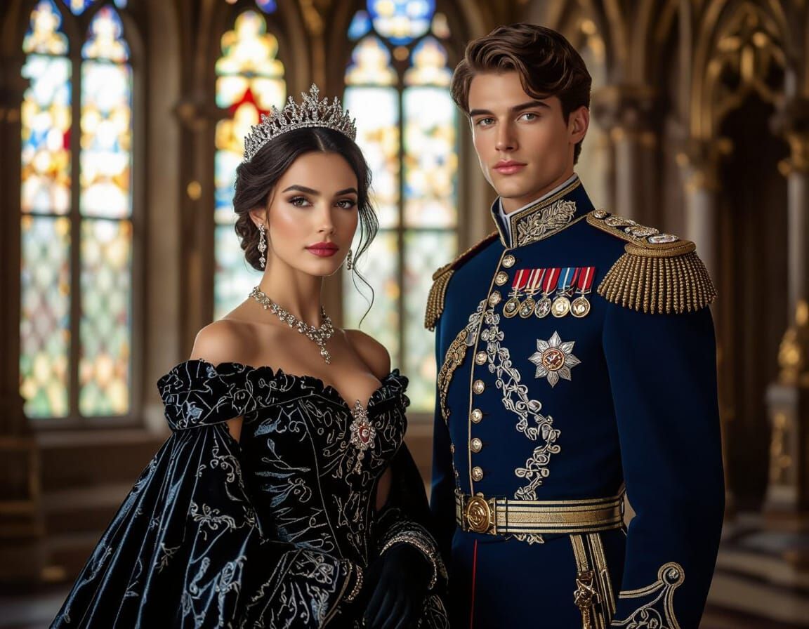 Royal Portrait: Queen and Captain in Gothic Setting