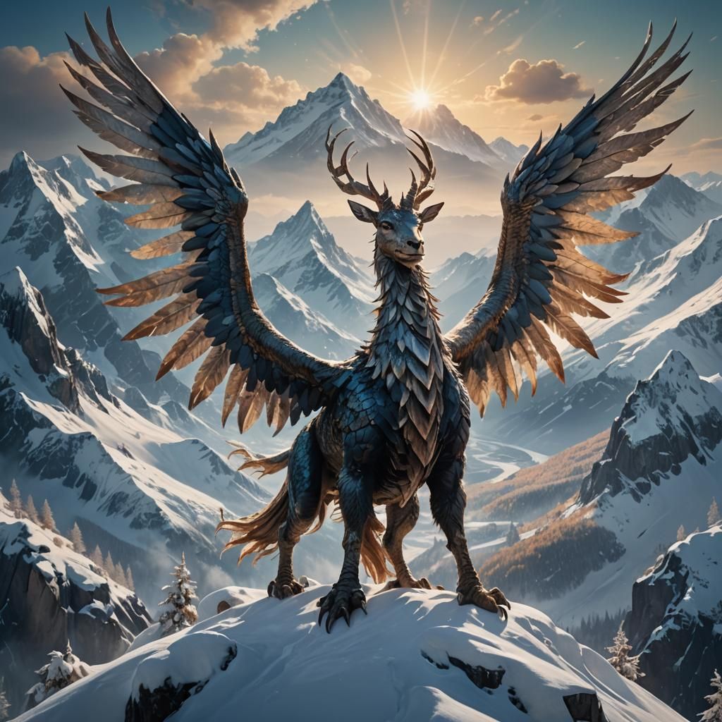 Mythical Creature on Winter Peak, Expressionist Fantasy