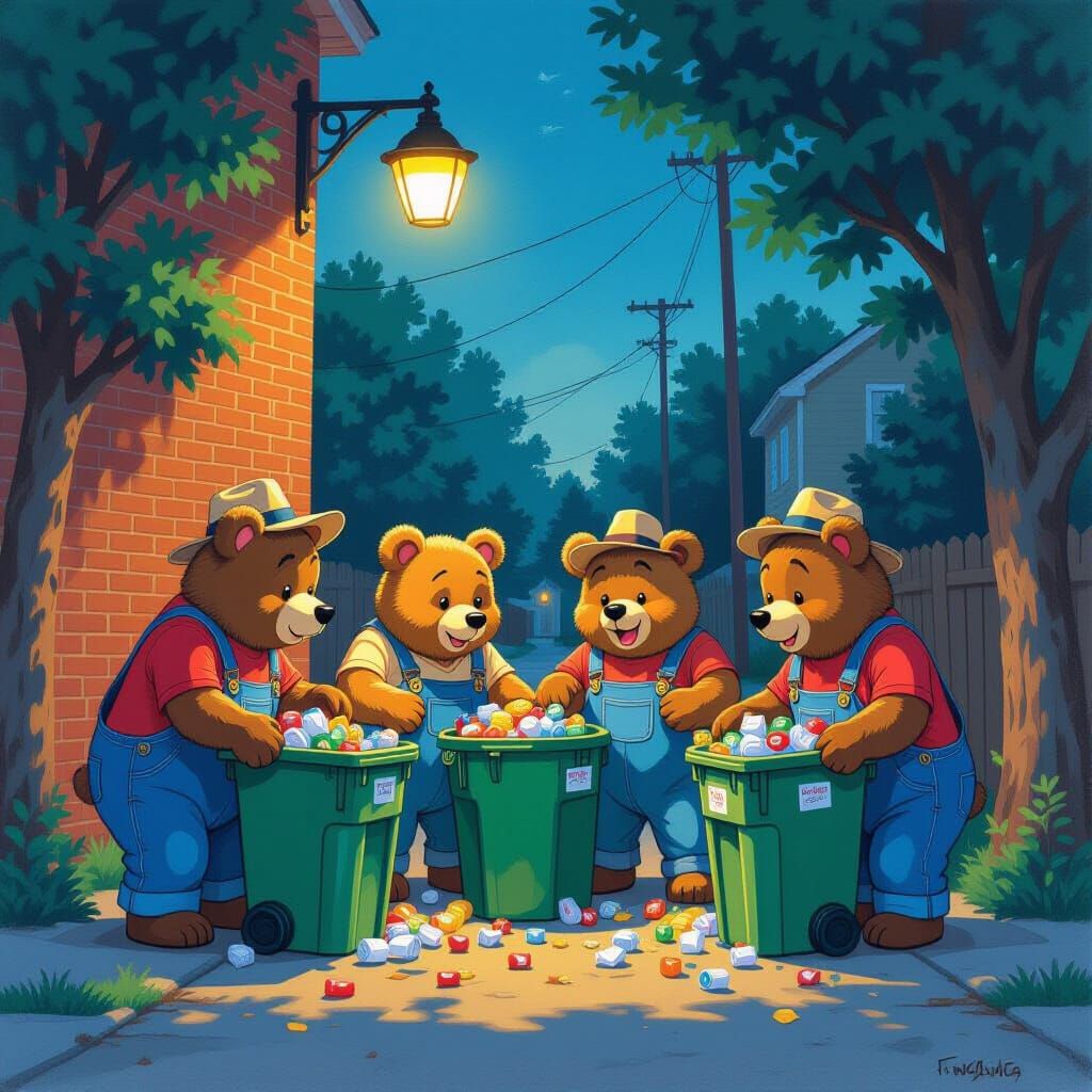 Whimsical Bears Raiding Garbage Cans at Dusk