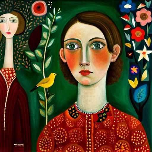 Girl with Bird: Folk Art Surrealist Portrait