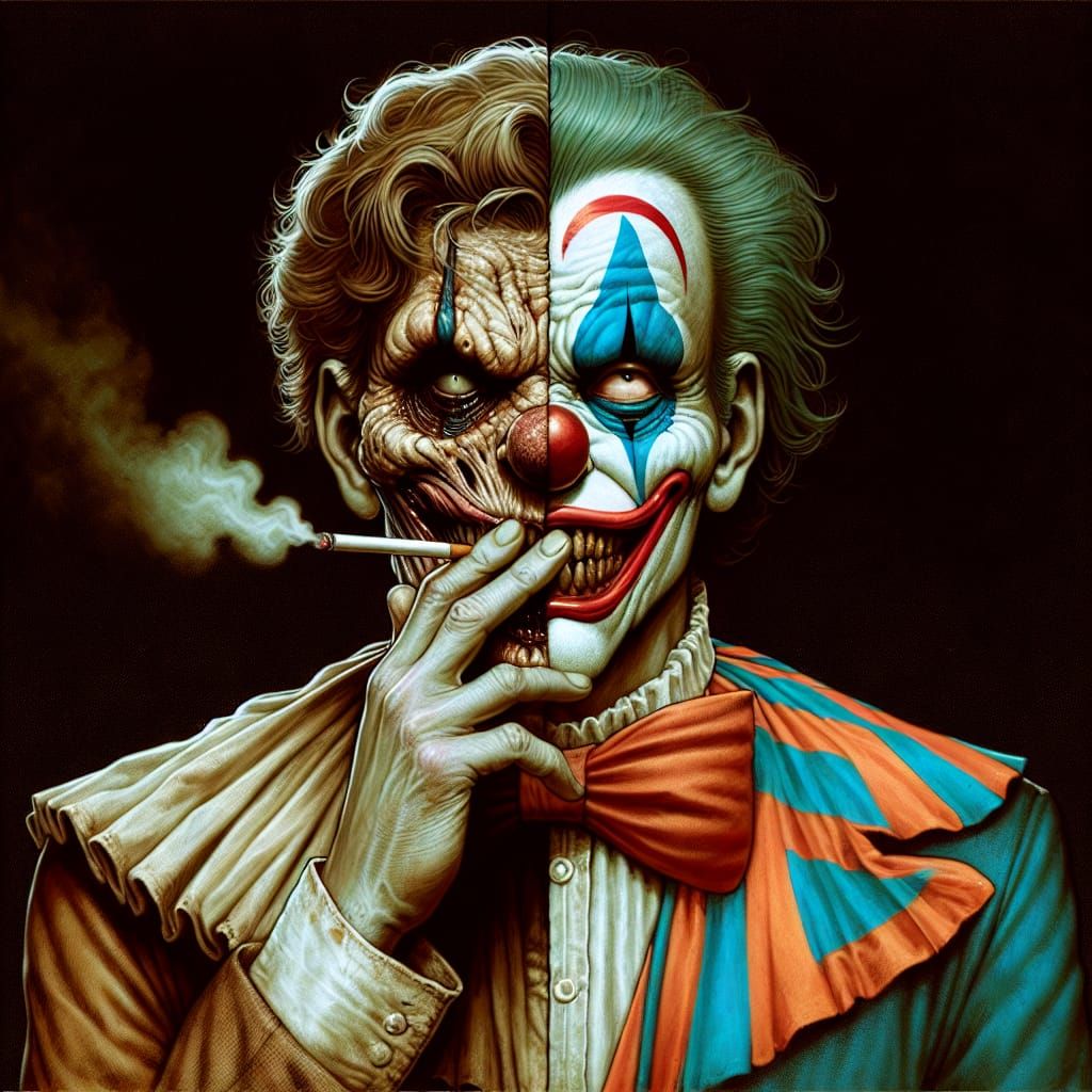 Eerie Clown with Cigarette in Grotesque Oil Portrait