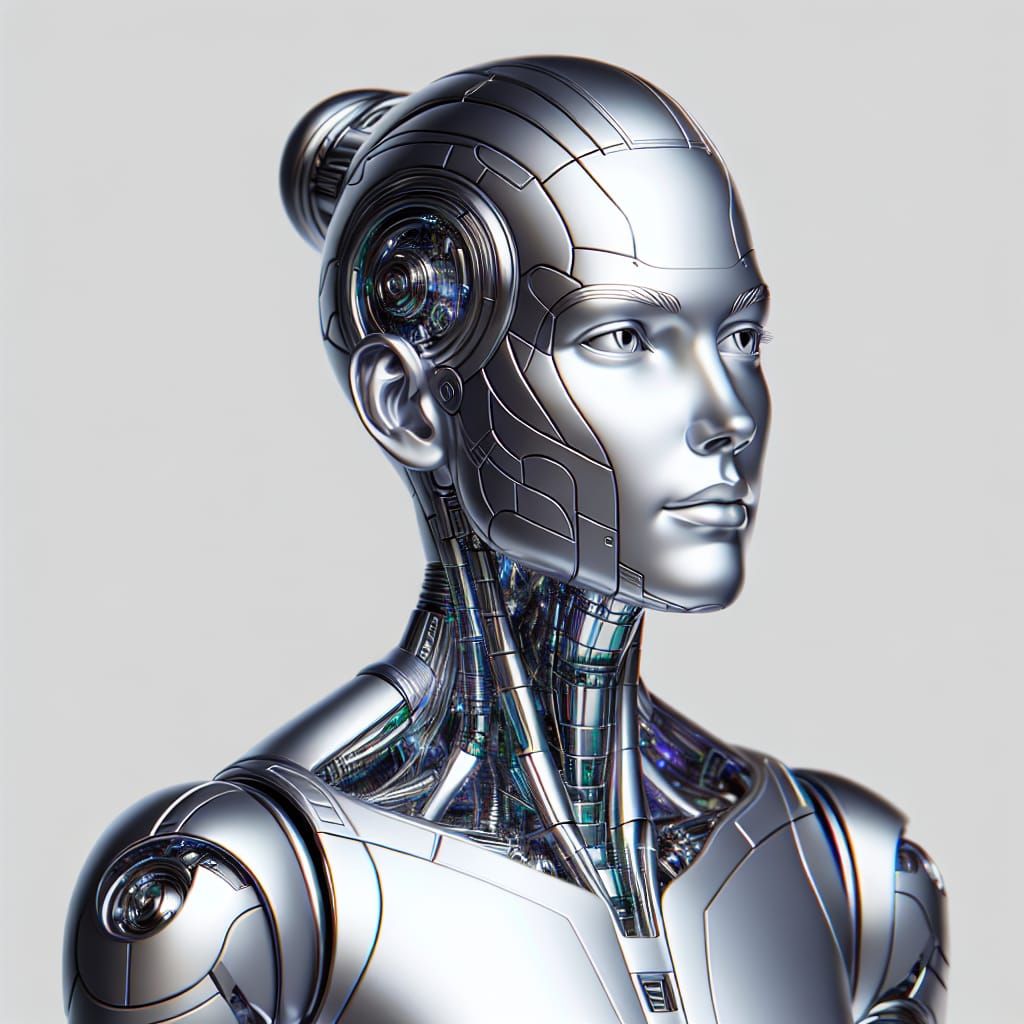 Futuristic Robot with Metallic Skin and Solid Hair