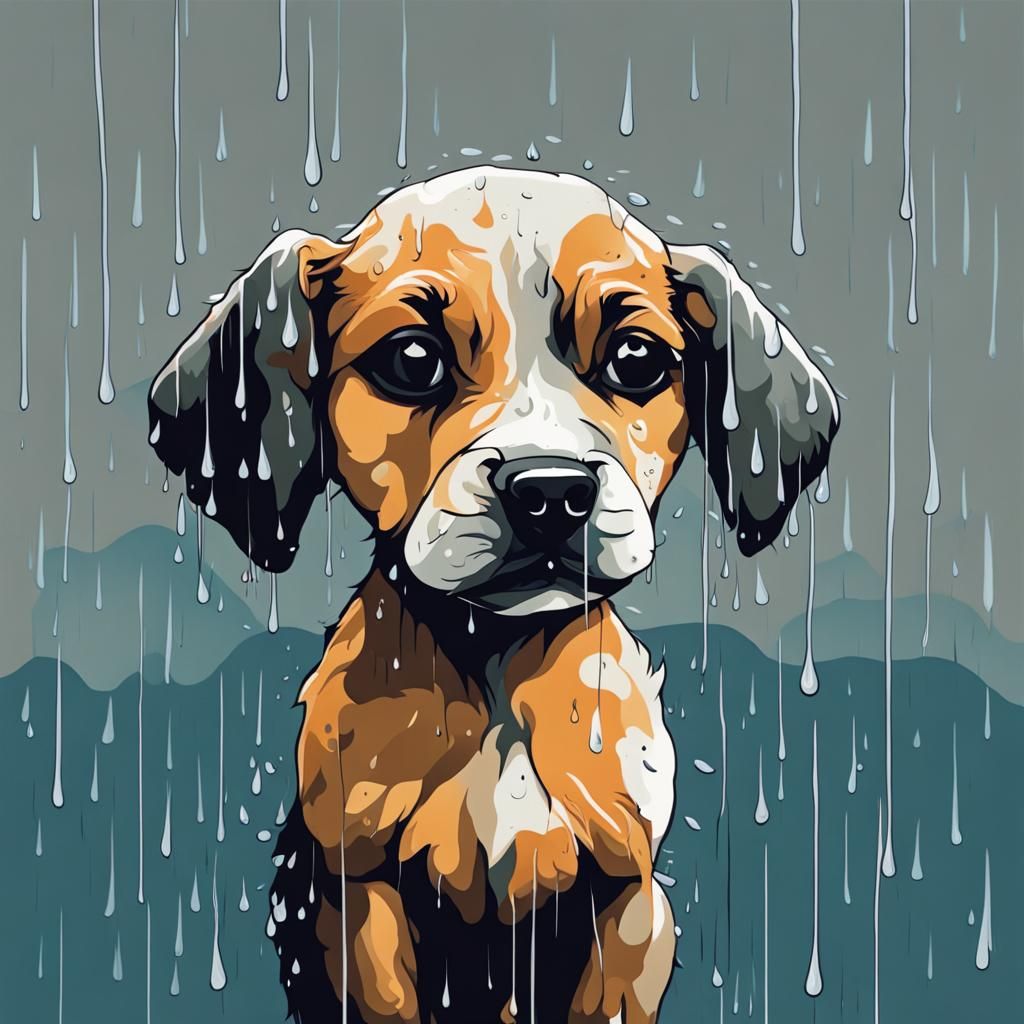 Cute Sad Puppy in the Rain: Abstract Art