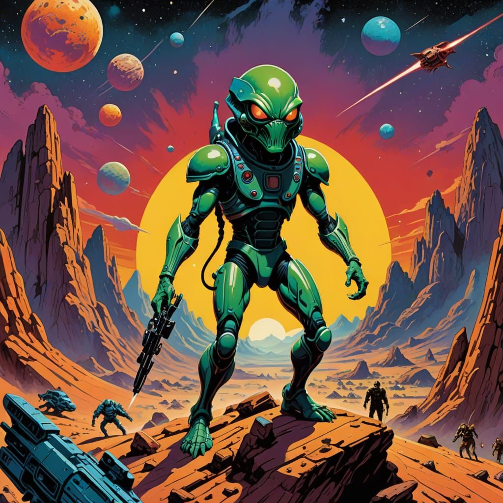 Vintage Sci-Fi Alien Action Figure Box in Pulp Art Style
