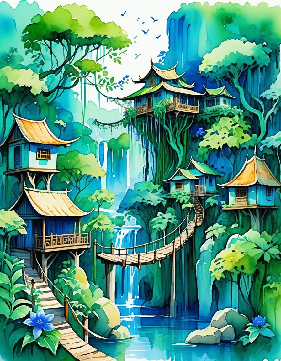 Jungle Treehouse Village: Watercolor Illustration
