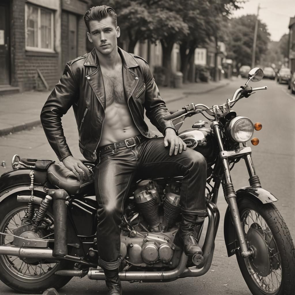 1950s Biker Leaning on Motorcycle