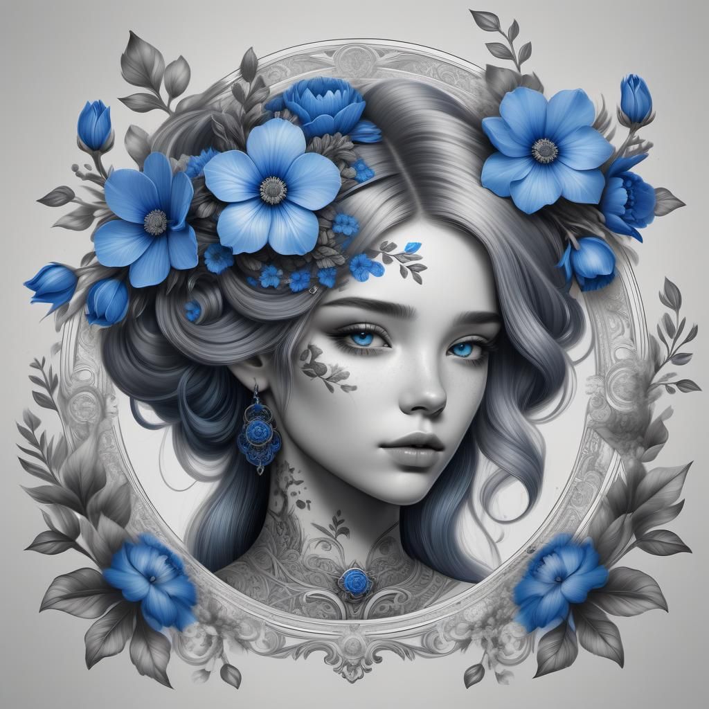 Grayscale Portrait of Woman with Floral Tattoo Design