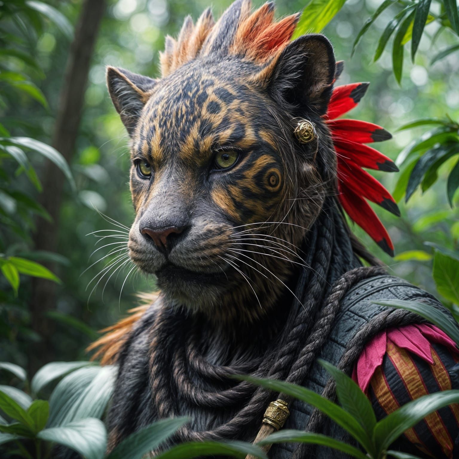 Aztec Jaguar Warrior in Jungle, 3D Anime Art