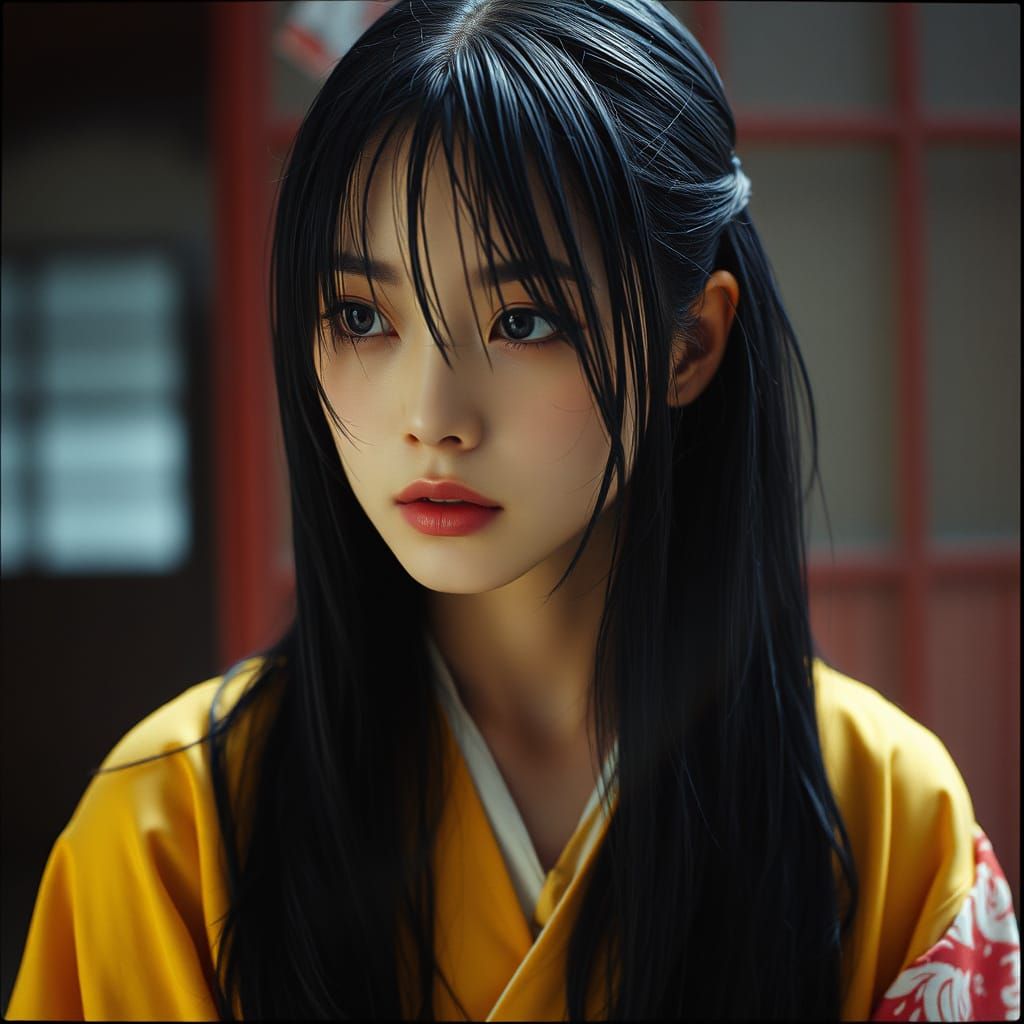 Japanese Woman in Torn Kimono, Cinematic Film Grain