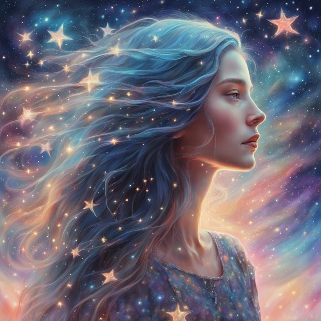 Woman Walks on Luminous Stars in Surrealist Oil Painting