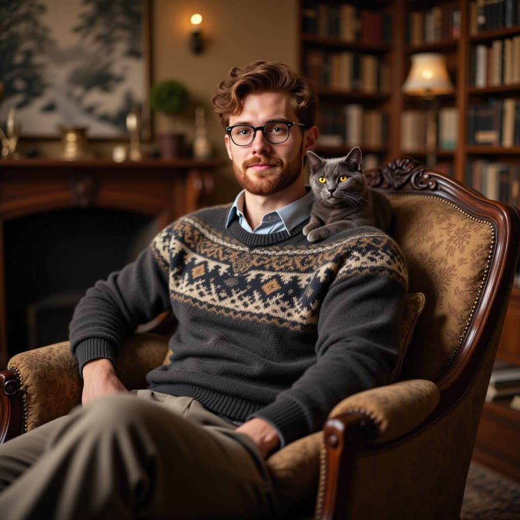 Poet in Library with Dog and Cat, Claude Monet Style