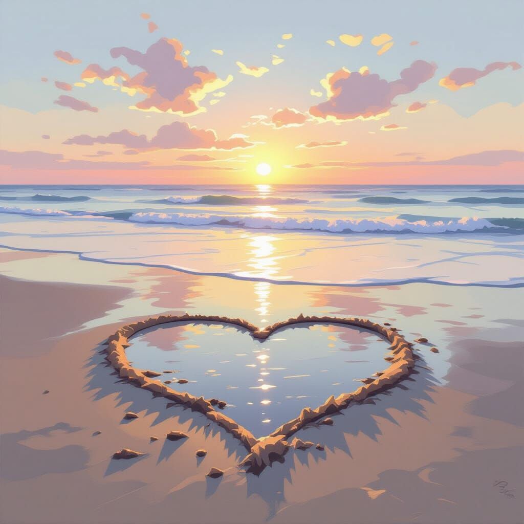 Heart Drawn in Wet Sand at Pastel Dawn