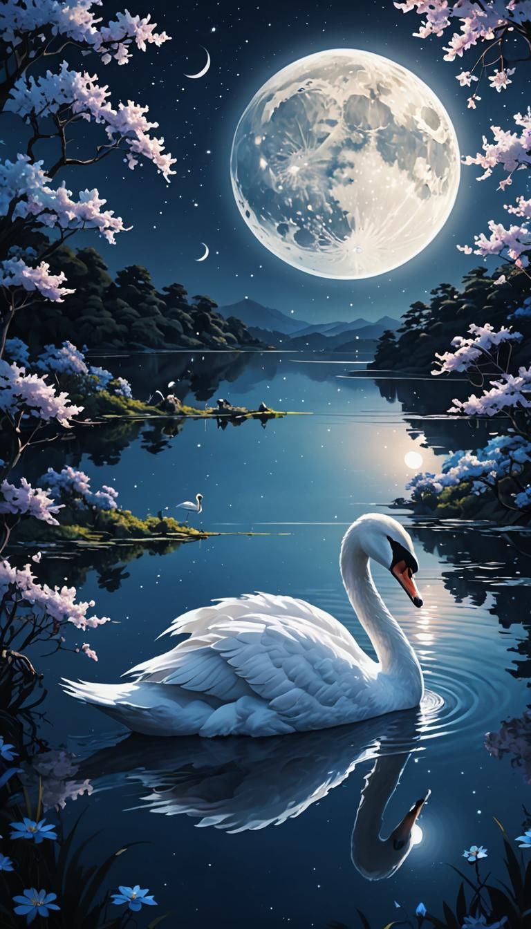 Swan on Moonlit Lake with Blue Blossoms in Vaporwave Style