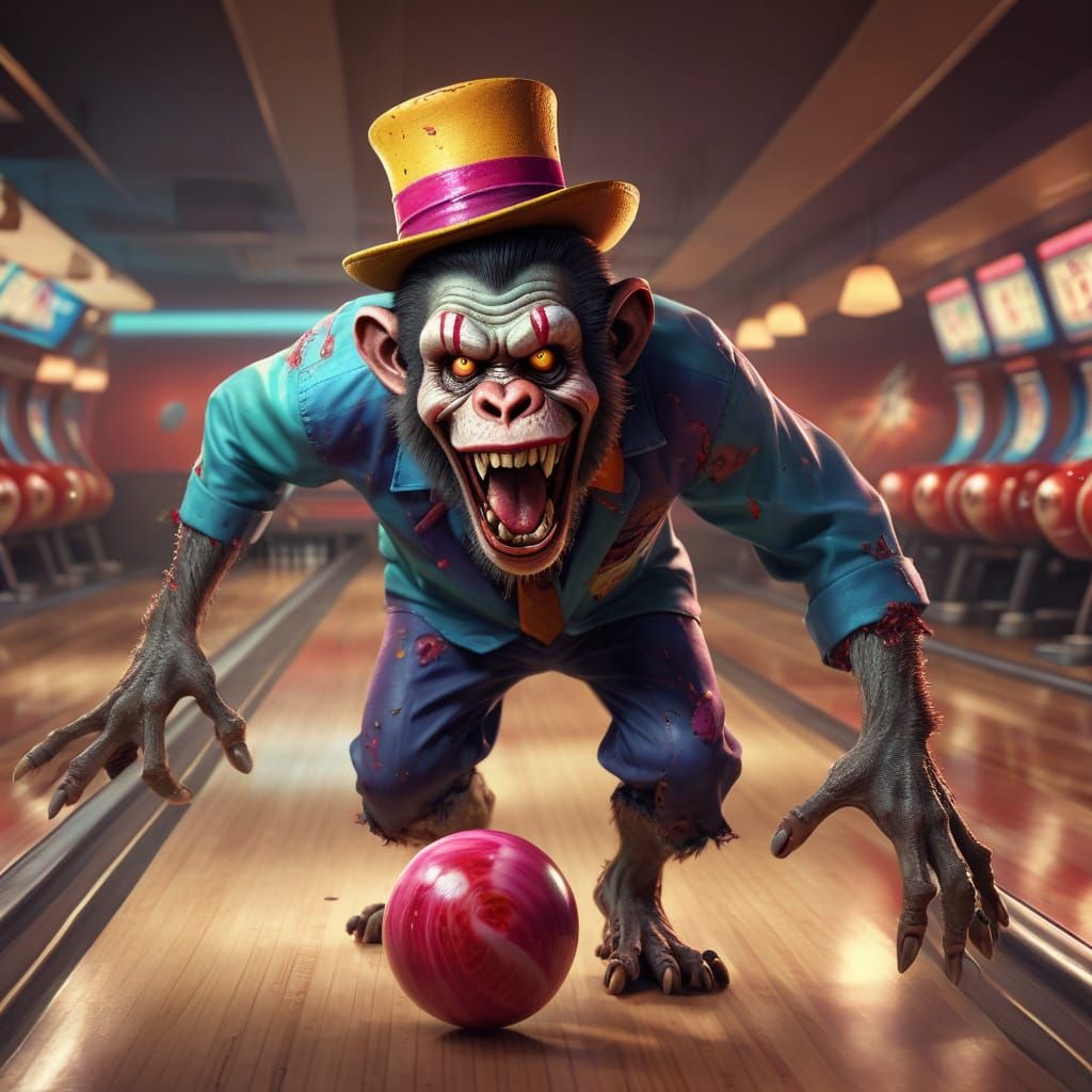 Zombie Monkey Clown Bowler Strikes in Vibrant Splash Art