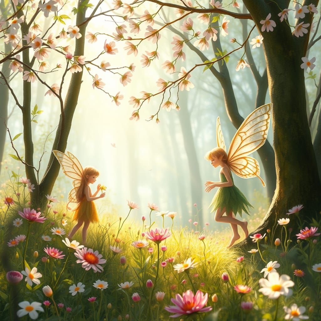 Enchanted Elves in Sunlit Forest, Fairytale Art