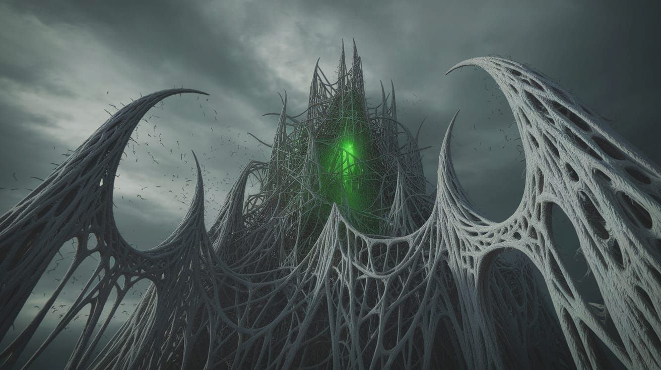 Gothic Ruined Castle Made of Spiderwebs in Stormy Sky