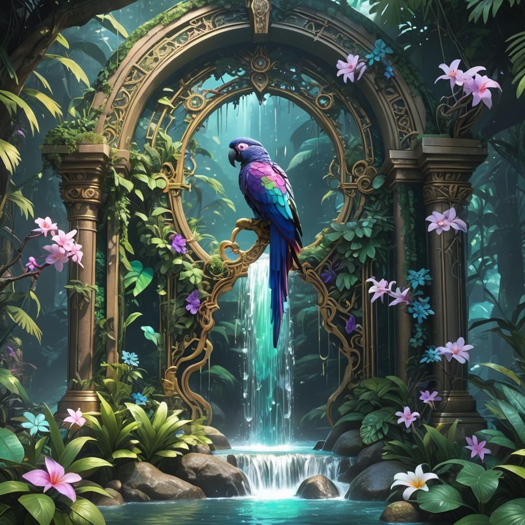 Iridescent Jungle Waterfall with Anime-Style Portal