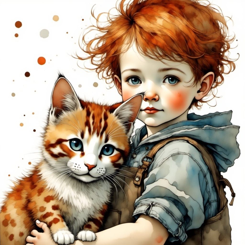Redhead Boy and Ginger Cat: Whimsical Illustration