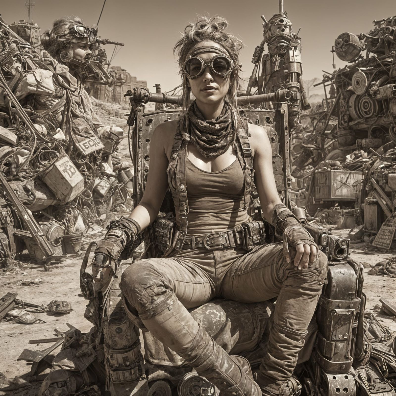 Wasteland Junk Queen on Scrap Throne in Sepia Tone