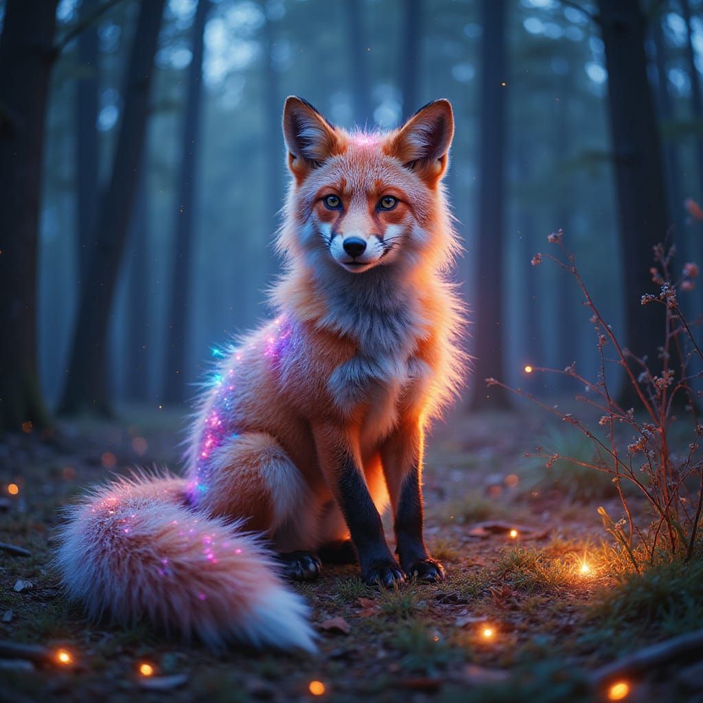 Surreal Fox Emerges from Fantasy Forest's Glowing Aura