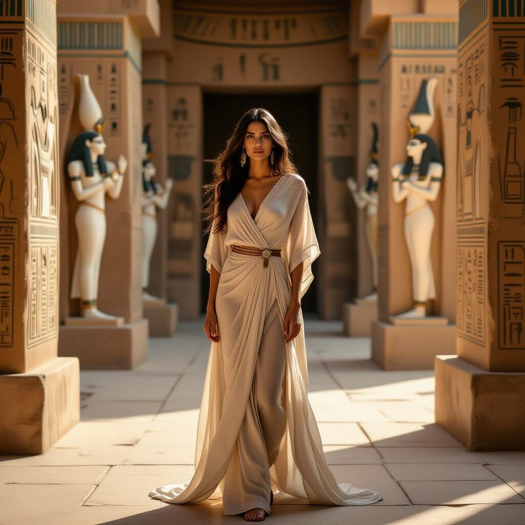 Egyptian Woman in Sheer Tunic at Temple to Isis