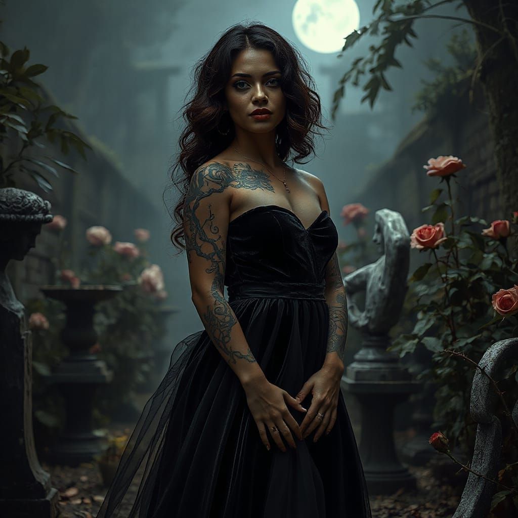 Cuban Woman in Gothic Garden, Ethereal Realism Style