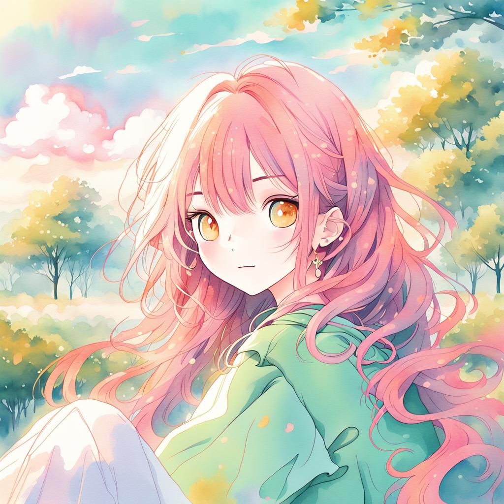 Pastel Anime Catgirl in Park Illustration
