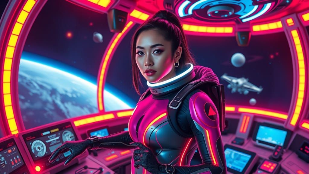 Elegant Space Traveler in Cyberpunk Holographic Landscape