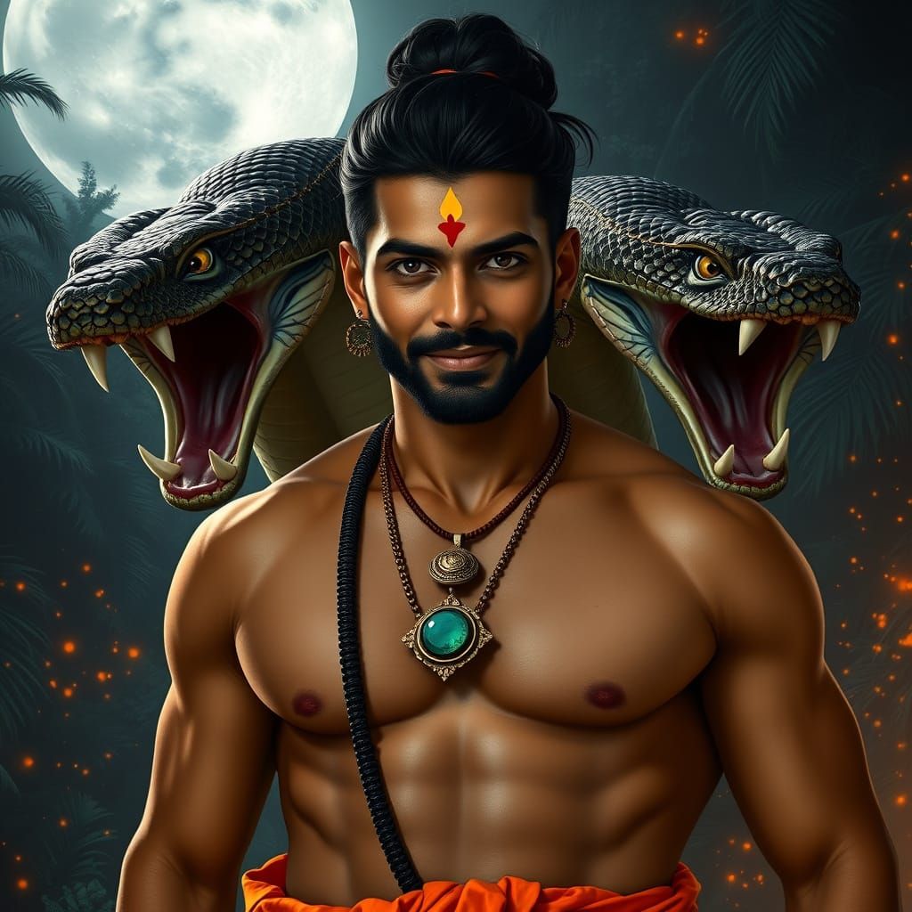 Indian Man with Cobra in Tropical Forest