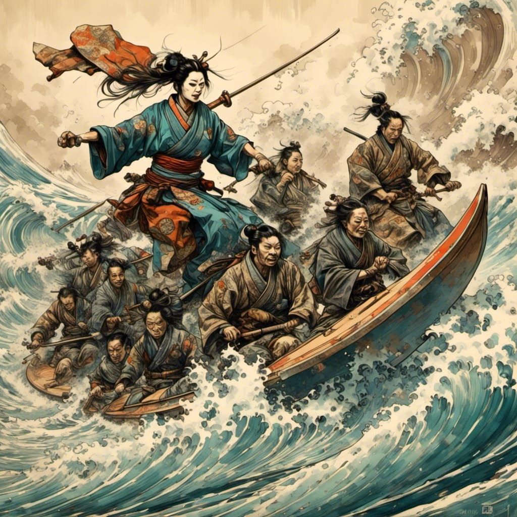 samurai geisha surfing team riding the Great Wave Ukiyo-e