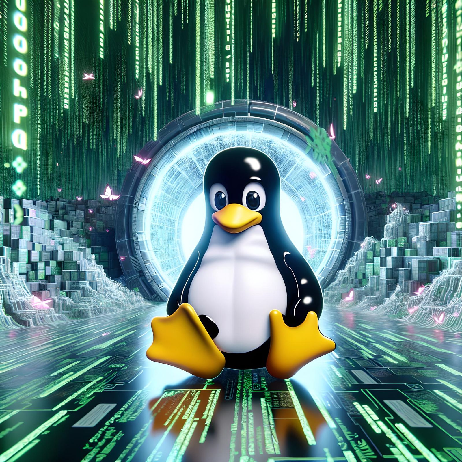 Linux Penguin in Matrix Anime Concept Art