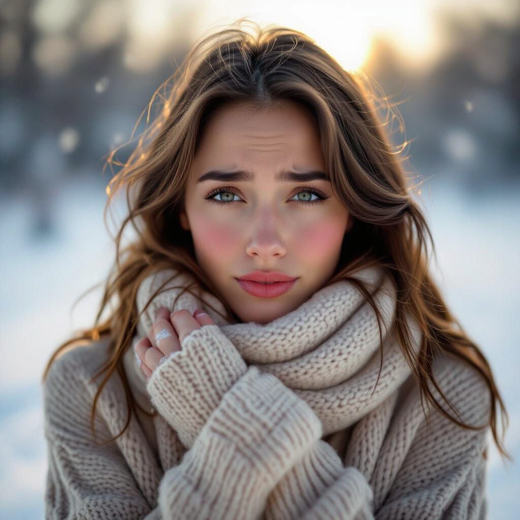 Young Woman Shivering in Cold Weather, Visible Breath