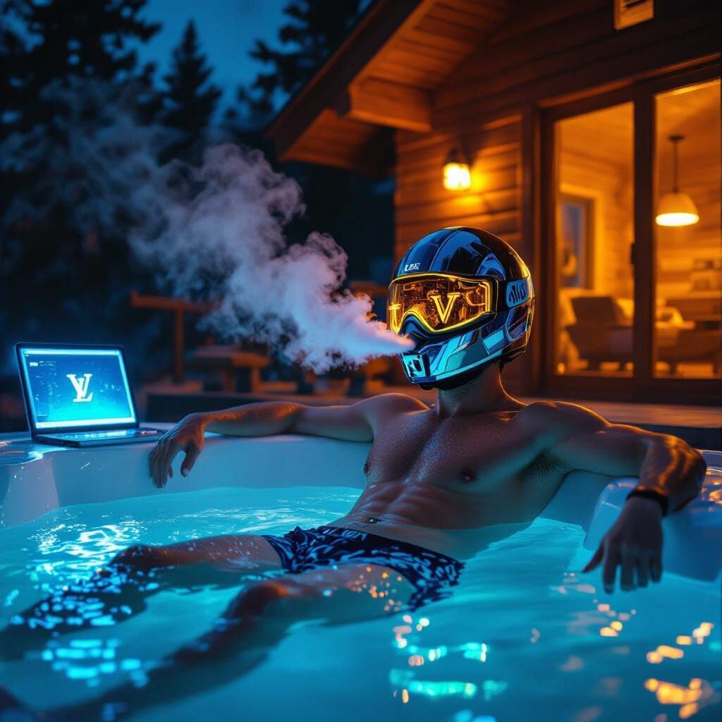Cyberpunk Character Relaxing in Futuristic Jacuzzi at Night