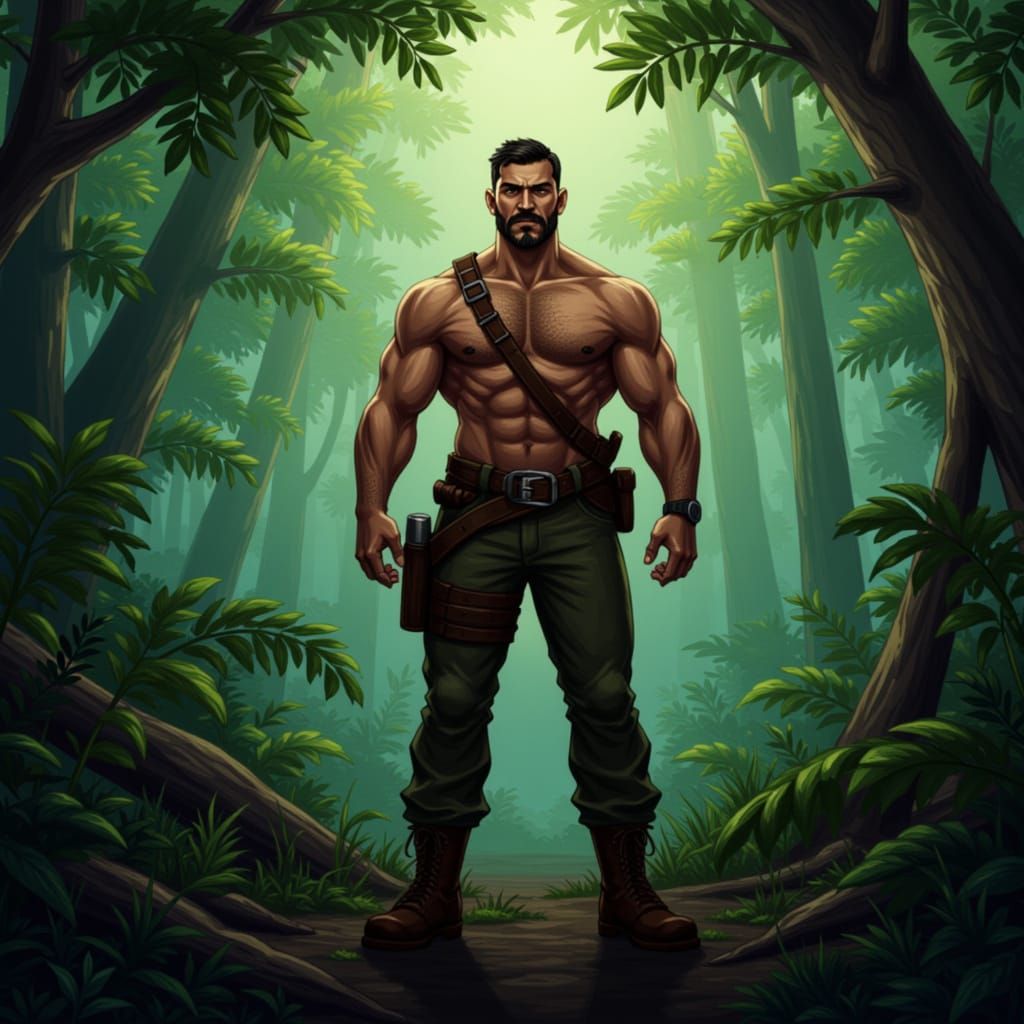 Lumberjack in Tropical Forest, Vector Art Style