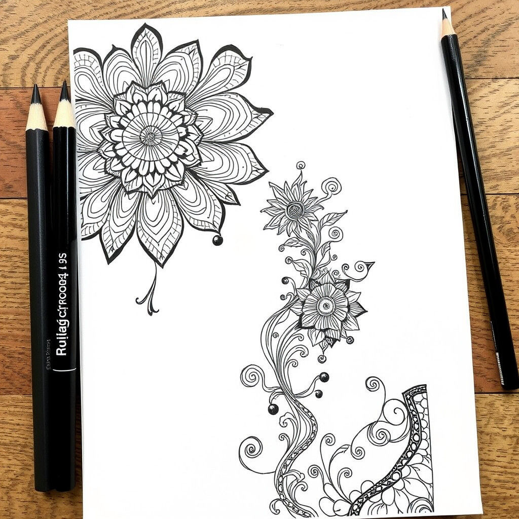 Detailed Black and White Pencil Zentangle Pattern