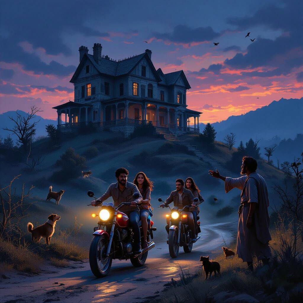 Abandoned Mansion at Dusk: Friends Approach Mysterious Dwell...